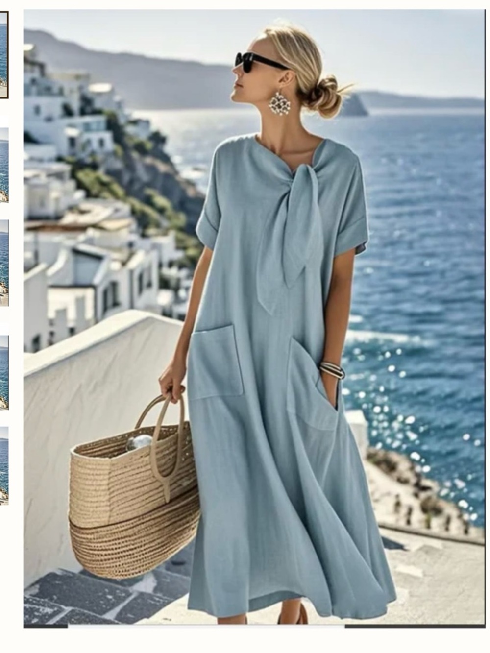 Light Blue Tie-Neck Maxi Dress with Pockets
